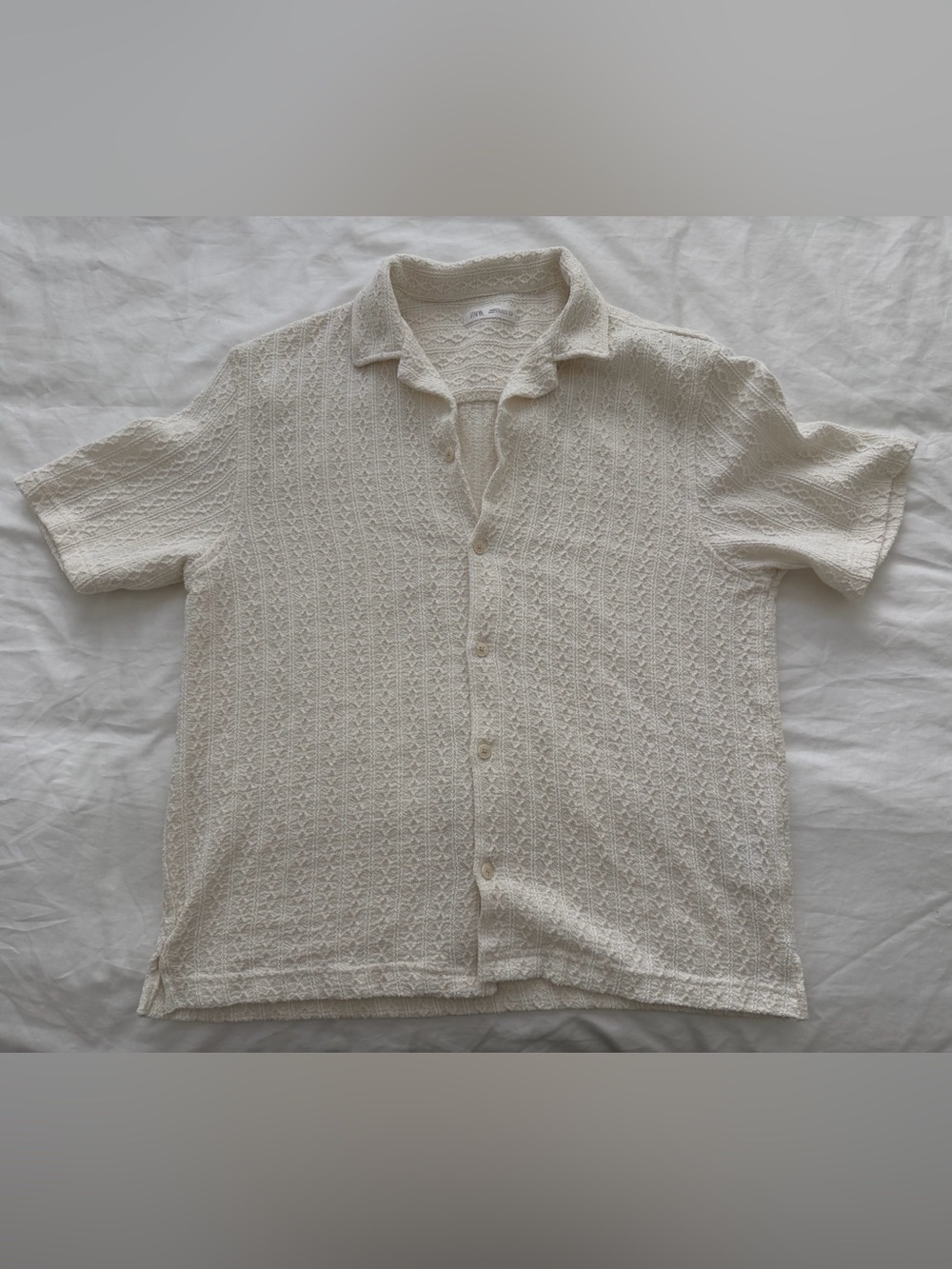 Zara Men's Short Sleeve Knit Button-Up Shirt - Cream